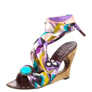 BEAUTIFUL AUTHENTIC EMILIO PUCCI SATIN JUTE ESPADRILLES HEELS RARE!!!